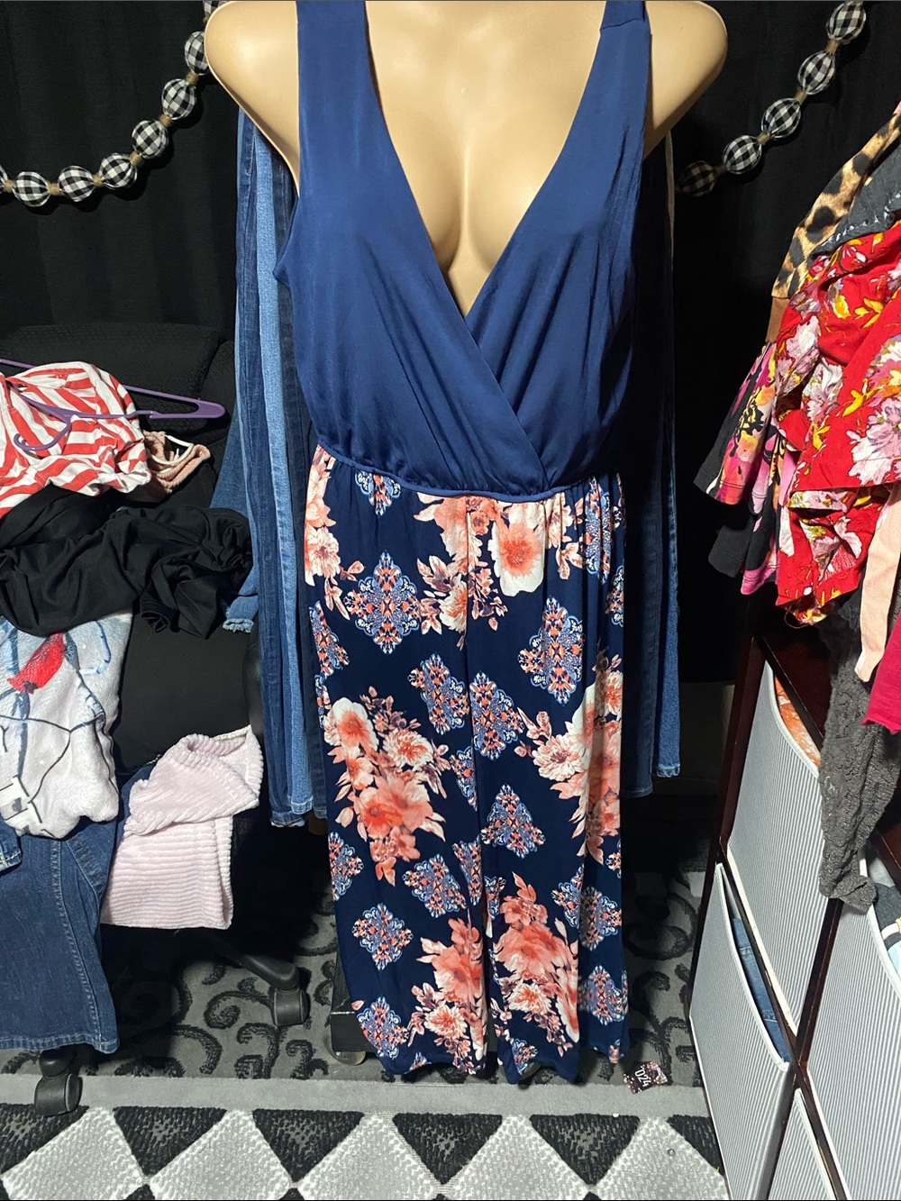Trixxi Navy Floral Surplice Jumpsuit with Coral Accents